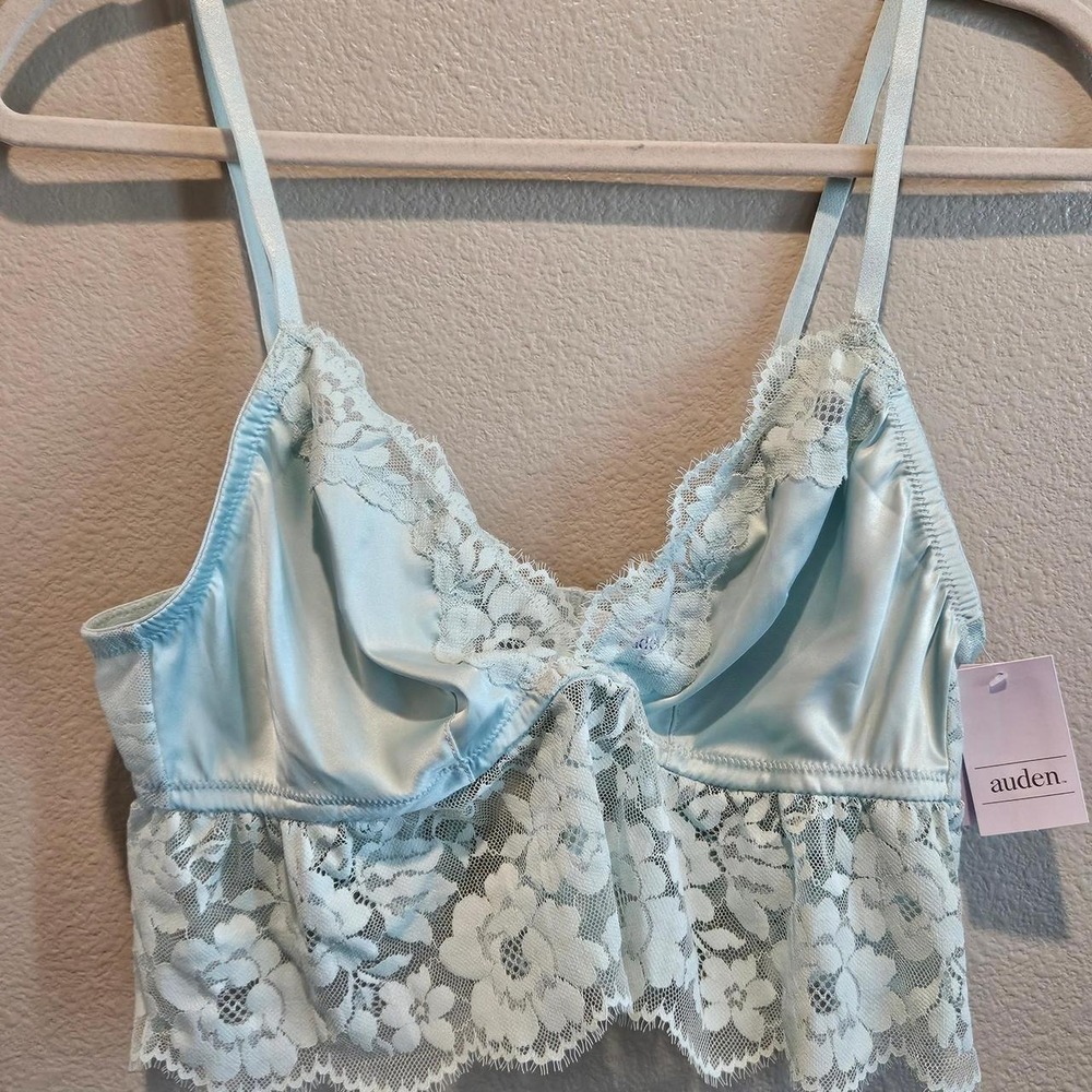 Auden blue lace cami top with white floral lace trim, size L